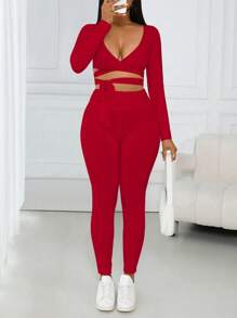 SHEIN VaVaLuxe 2 件套舒适休闲 V 领交叉蝴蝶结长袖上衣和褶皱腰带紧身裤，粉色 - 紅色 - 查看 4