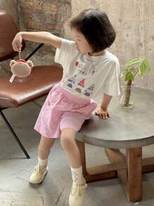 Dazy Kids 2件套：女童圆领针织短袖印花T恤和梭织格子短裤，夏季复活节 - 白色 - 查看 6