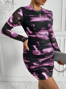 Chiquease Women's Tie-Dye Print Crew Neck Long Sleeve Ruched Fitted Fashion Dress