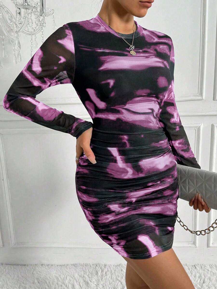 Chiquease Women's Tie-Dye Print Crew Neck Long Sleeve Ruched Fitted Fashion Dress