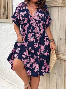 Breezaya Plus Size Casual Batwing Sleeve Allover Print Dress - Navy Blue - View 6