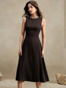 Anewsta Vestido elegante estilo francés sin mangas con cintura entallada y línea A, con cuello decorado con perlas, adecuado para ocasiones formales, primavera/verano