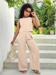 SHEIN SLAYR KIDS Tween Girl Vacation Casual Solid Color Crew Neck Sleeveless Top And Straight Leg Pants Set - Apricot - View 4