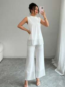 Elenzga 2 件女式套装：亮片拼布无袖立领上衣和裤子 - 白色 - 查看 7