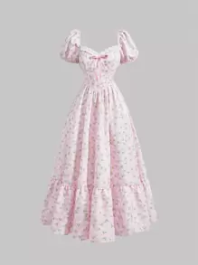 SHEIN MOD Vestido floral largo con mangas abullonadas y lazo, vestidos de primavera/verano para mujer, elegante, vestido de vacaciones, vestido floral para mujer, vestidos para fiestas de mujer, vestido vaporoso, vestidos para vacaciones de primavera, vestido con volantes, vestidos vintage para mujer, vestido de hada, vestido rosa, vestido largo, vestidos de mujer para vacaciones, vestido para té en el jardín estilo Bridgerton - Multicolor - Ver 1