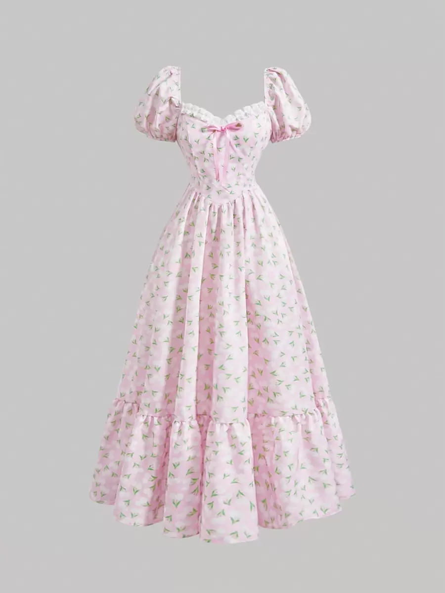 SHEIN MOD Vestido floral largo con mangas abullonadas y lazo, vestidos de primavera/verano para mujer, elegante, vestido de vacaciones, vestido floral para mujer, vestidos para fiestas de mujer, vestido vaporoso, vestidos para vacaciones de primavera, vestido con volantes, vestidos vintage para mujer, vestido de hada, vestido rosa, vestido largo, vestidos de mujer para vacaciones, vestido para té en el jardín estilo Bridgerton - Multicolor - Ver 1