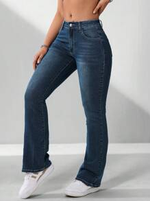 SHEIN ICON Quần Jeans Ống Loe Lưng Thấp Ôm Vừa Vặn Thường Ngày Cho Nữ - Rửa tối - Xem 3