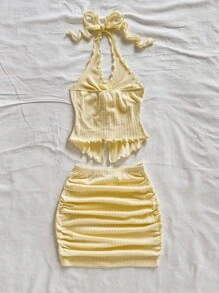 Soleia Cream Casual Vacation Western Beach Wedding Guest Attire Graduation Brunch Women's Clothing St. Patrick's Day Spring Break Easter Music Festival Elegant Bohemian Tropical Chic New Knit Texture Resort Metal Decor Spaghetti Strap Crop Top & Low Waist Mini Skirt 2-Piece Set - Blue - View 5