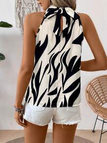 Chiquease 度假休闲条纹植物印花挂脖衬衫