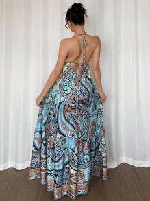 SHEIN Holidaya 波西米亚甜美系带露背收腰印花连衣裙，春季 - 彩色 - 查看 2