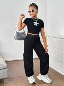 Tween Girl 2pcs Set: Ribbed Star Print Short Sleeve T-Shirt + Woven Cargo Pants With Belt And Pockets, Casual Fashion Street Style, Back To School, Sweet & Cool Girl, Y2K Vibe - Black - View 6