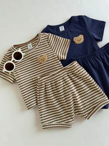 Loomiva 4pcs Baby Boy Knitted Soft Round Neck Short Sleeve Pullover Top And Elastic Waist Shorts Set - Multicolor - View 7