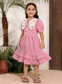 SHEIN Ferienkleider, Sommerkleider, Reisekleider für Kleine Mädchen, reizende kurze Ärmel Kleider mit Ditsy Blumen Stickerei Kragen Patchwork, passend für Schule, Ausflüge, Picknick, Frühling & Sommer - Lila - Übersicht 4