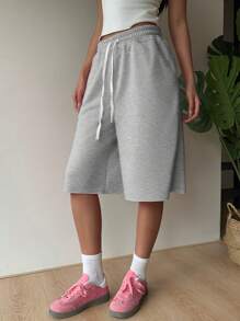 SHEIN EZwear Shorts bermudas de punto gris casual con bolsillos para mujer