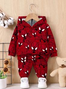 SHEIN Baby Boy Casual Minimalist Loose Comfortable Classic Cool Spider Logo Print Hoodie And Sweatpants Set, Suitable For Autumn/Winter