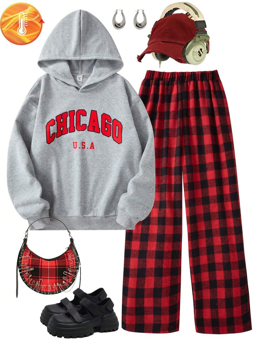 SHEIN Explorewe 2 件套青少年女孩字母和格子印花休闲套头衫和裤子套装，秋冬 - 彩色 - 查看 1