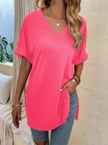 SHEIN LUNE 女士纯色 V 领短袖休闲宽松 T 恤