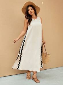 Elaquor Plus Size Vacation Casual Color Block Ribbon Side Split Dress