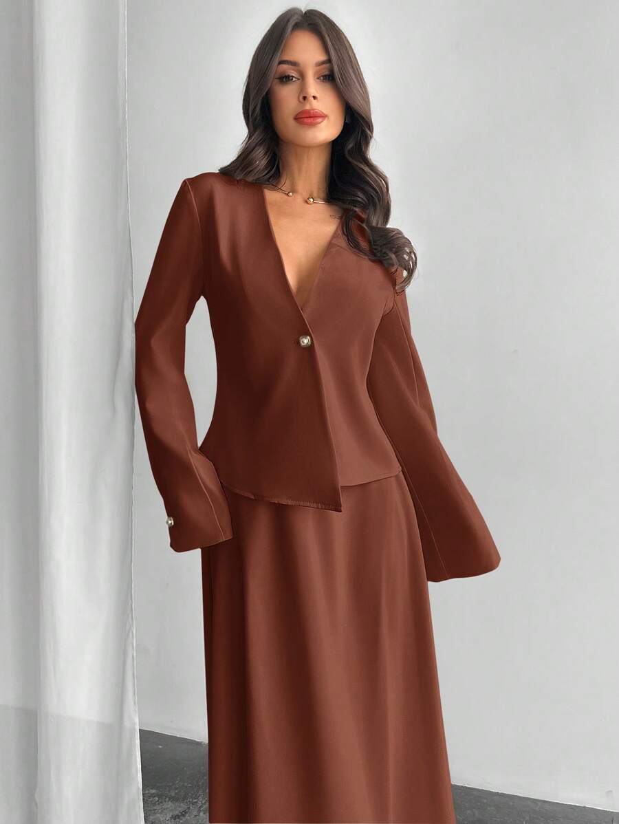 Firerie Solid Color Long Blazer & Flare Skirt Set - Rust Brown - View 1