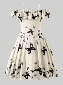 Girls' Soft & Comfortable Tie-Dye Butterfly Print Dress With Transparent Spaghetti Straps And Off-Shoulder Design, Charming And Cute Look,Holiday,Summer,Travel - Beige - View 2