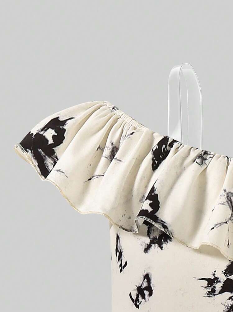 Girls' Soft & Comfortable Tie-Dye Butterfly Print Dress With Transparent Spaghetti Straps And Off-Shoulder Design, Charming And Cute Look,Holiday,Summer,Travel - Beige - View 7