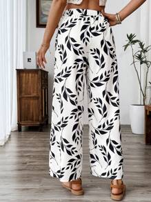 Breezaya Pantalones anchos de estilo casual con estampado de hojas, de estilo europeo y americano