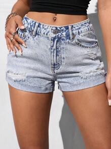 SHEIN EZwear Shorts Denim Lavados e Desgastados Casuais para Mulheres - Lavagem clara - Visão 5