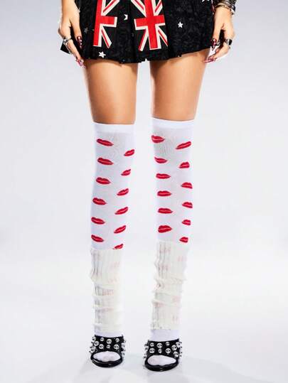 Kawaii 1 Pair Women Lip Print White Over-The-Knee Socks With White Leg Warmers, Year-Round