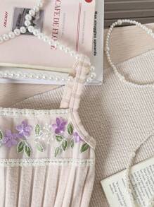 Young Girls Elegant Embroidered Mesh Decor Fuzzy Rib Knit Cami Romper, Summer