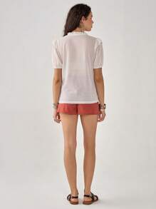 Florisole 女士 V 领镂空纹理盖袖度假 T 恤，休闲 - 杏色 - 查看 2