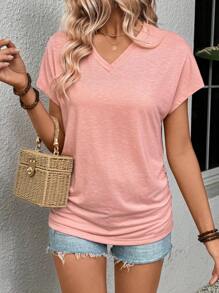 SHEIN LUNE 女士 V 领短袖休闲 T 恤，带侧褶细节