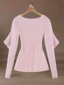 SHEIN Privé Áo len nữ thời trang viền bèo nhún màu trơn, tay dài, áo chui đầu dệt kim thu/đông - Hồng - Xem 2