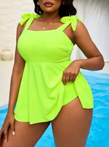 SHEIN Slayr CURVE Plus Size Women's 2 Pieces Set: Bandeau Tankini Top With Textured Neon Green Fabric And High-Waisted Briefs Bottom, Slimming A-Line Swim Dress, Casual & Stylish Swimwear For Beach Resort