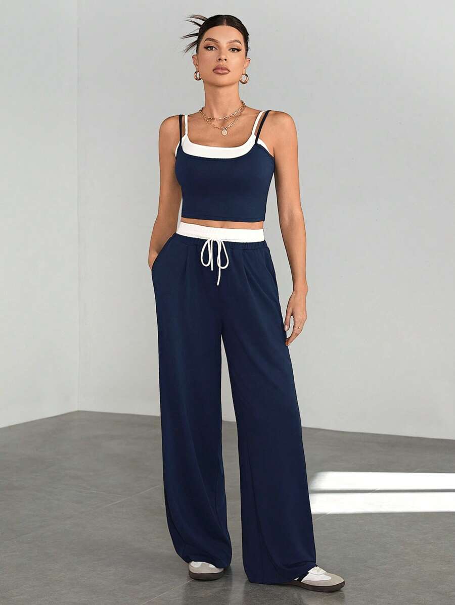 SHEIN Tall 2pcs/Set Contrast Color Camisole & Drawstring Waist Casual Pants Outfit - Navy Blue - View 1