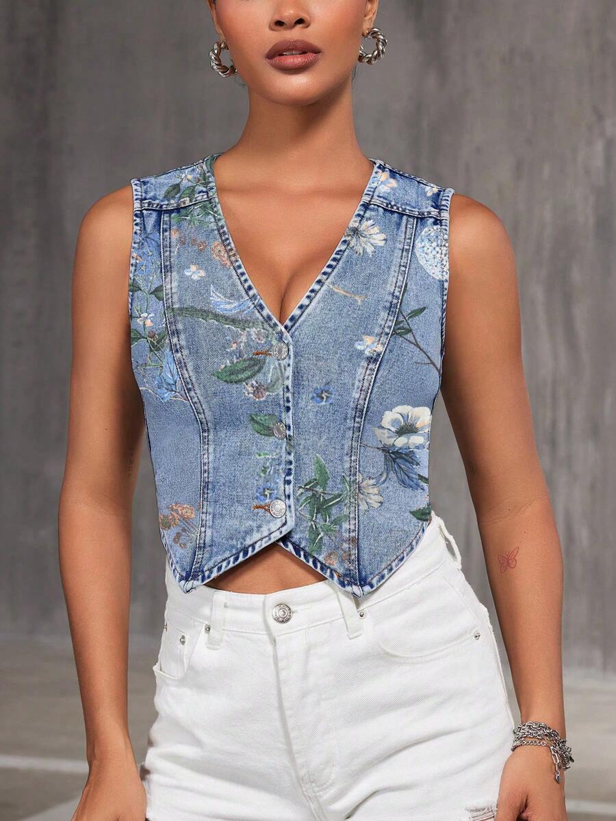 SHEIN BAE Women's Casual Floral Print Denim Vest Top, Summer - Multicolor - View 1