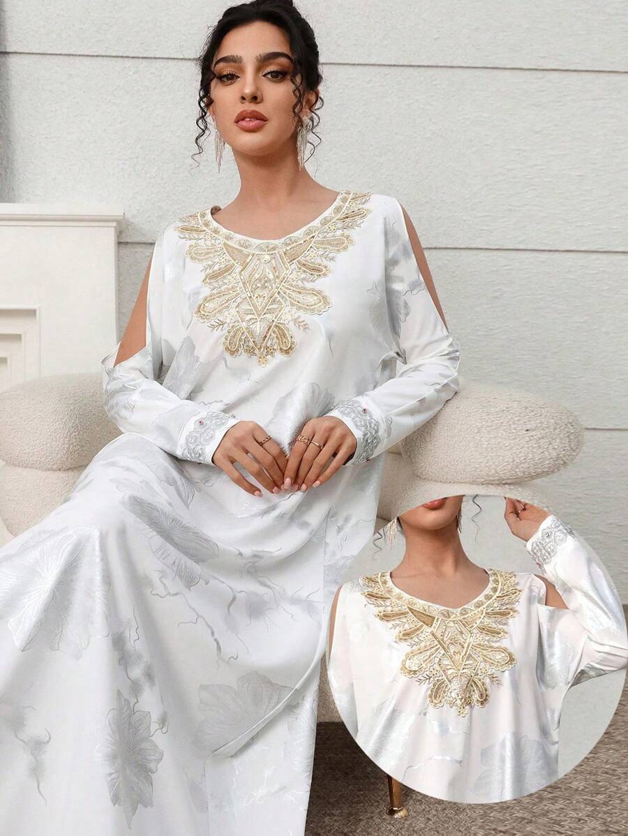 Al Najma Women's Floral Cutout Shoulder Long Sleeve Elegant Abaya Dress  Summer Outits For Women