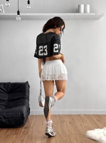 SHEIN EZwear 女士春夏日常穿着 Y2K 外出蕾丝花卉图案白色短裙 - 白色 - 查看 2
