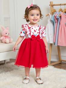 Baby Girls Floral Pattern Knitted Mesh Splicing A-Line Dress With Adjustable Waistband, Summer - Red - View 1
