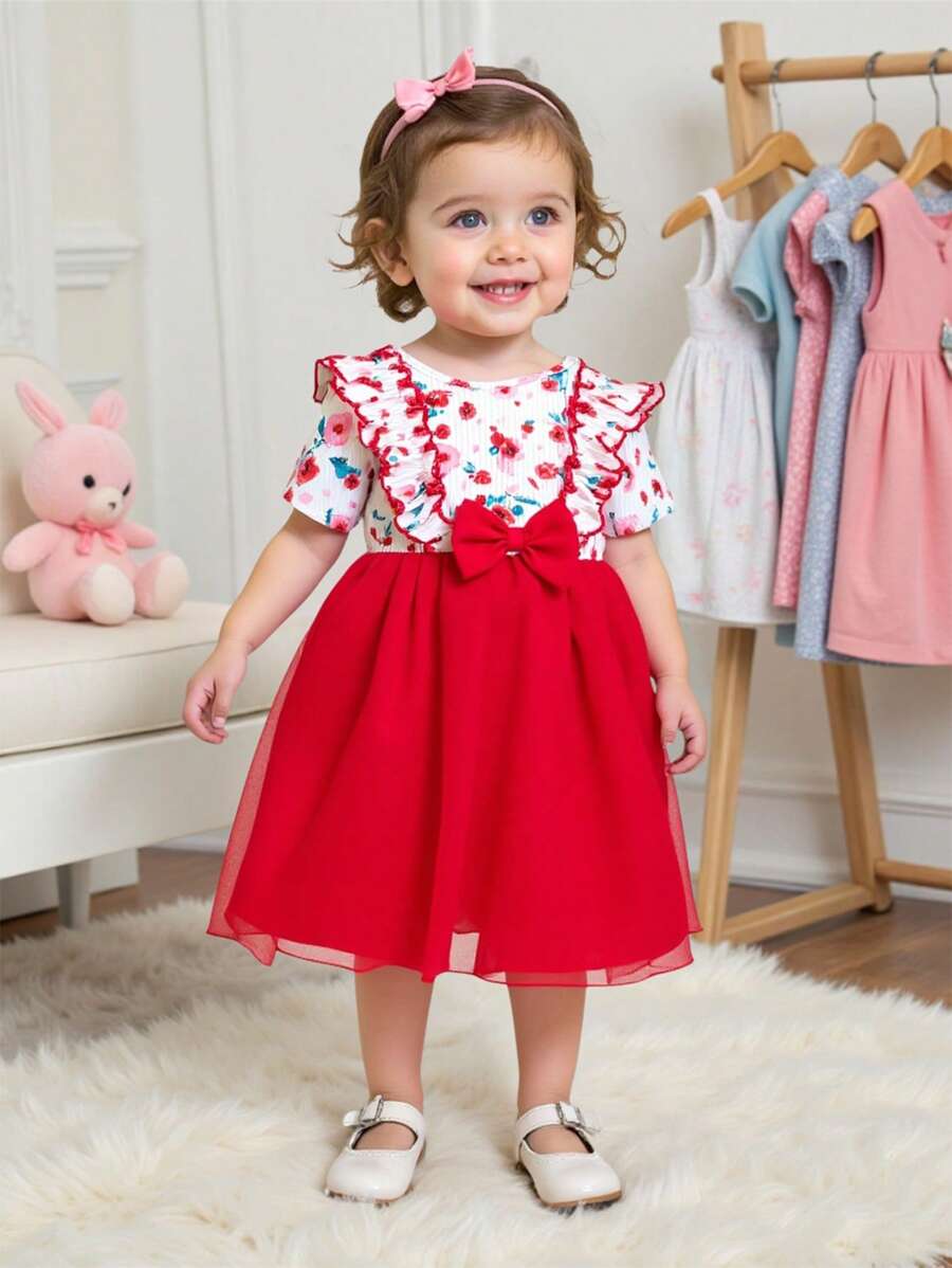 Baby Girls Floral Pattern Knitted Mesh Splicing A-Line Dress With Adjustable Waistband, Summer - Red - View 1