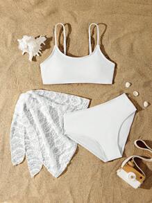 SHEIN Conjunto de tankini de traje de baño con estampado lindo para niña preadolescente de vacaciones - Blanco - Ver 1