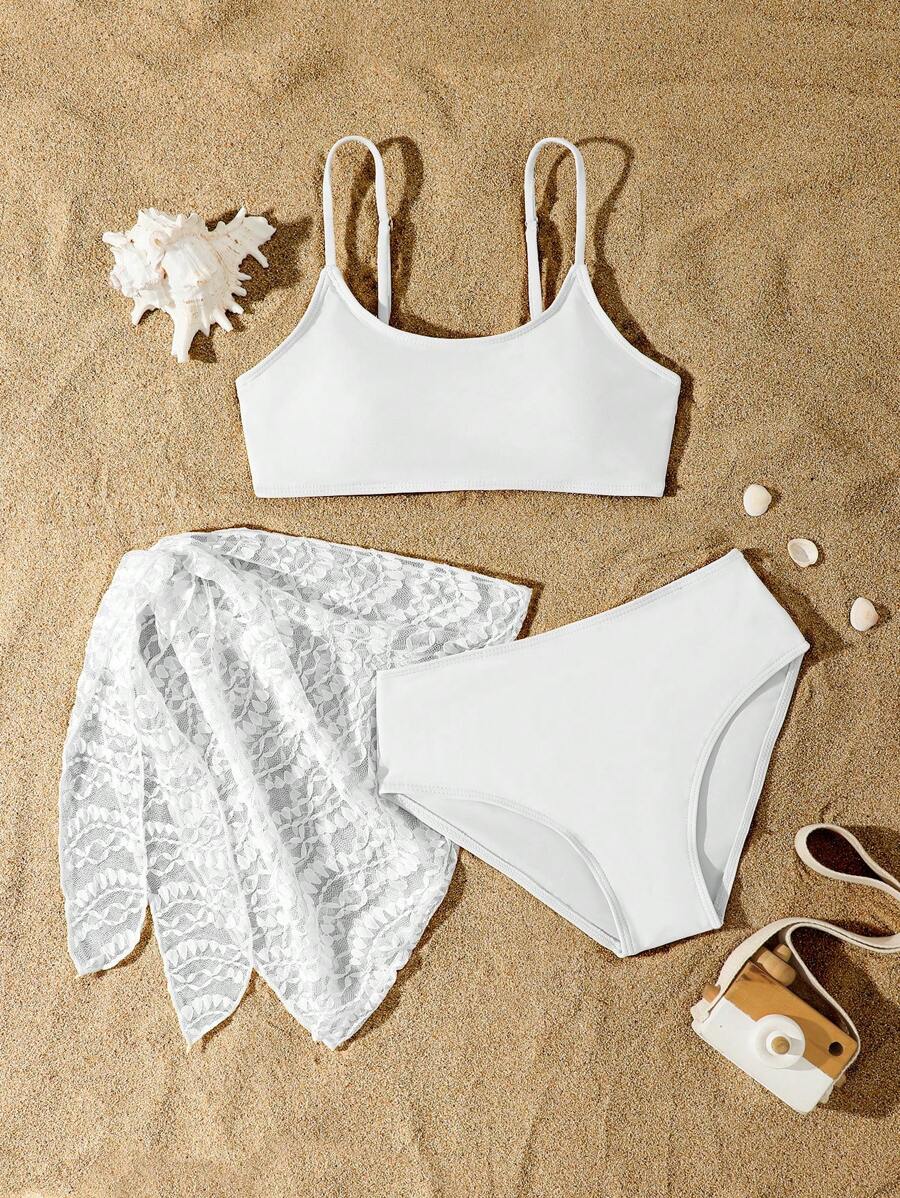 SHEIN Conjunto de tankini de traje de baño con estampado lindo para niña preadolescente de vacaciones - Blanco - Ver 1