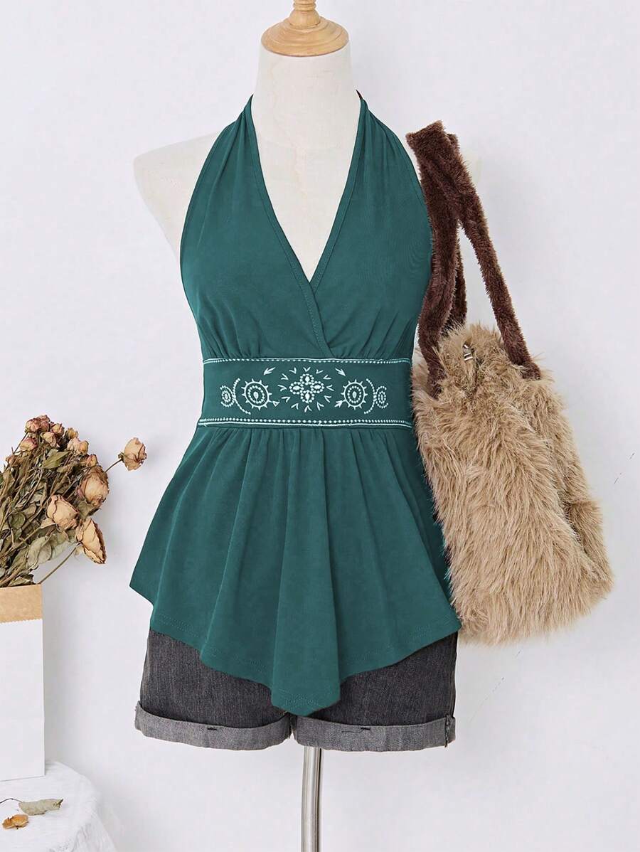 Elamini Women Vintage Bohemian Halter Neck Camisole, Spring/Summer - Teal Blue - View 1