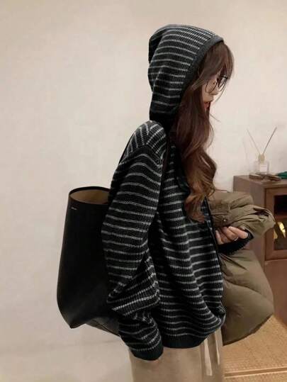 Women's Striped Drop Shoulder Long Sleeve Drawstring Hoodie Sweater, Autumn/Winter Knit Pullover Fall Outfit
