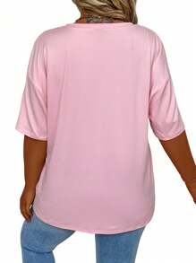 SHEIN CURVE+ Plus Size Women's Solid Color V-Neck Drop Shoulder Casual Loose T-Shirt Top - Pink - View 2