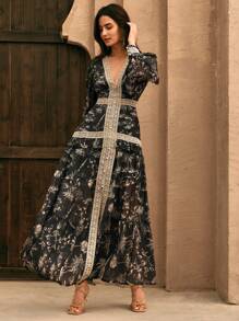 Anewsta Elegant French Lace & Pearl Decor Flowy Long Sleeve Dress For Ladies, Suitable For Spring, Date Night - Black - View 5