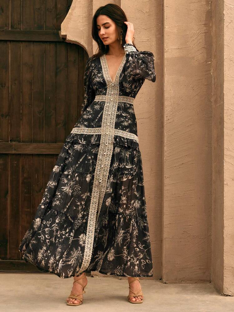 Elegant French Lace & Pearl Decor Flowy Long Sleeve Dress For Ladies, Suitable For Spring, Date Night