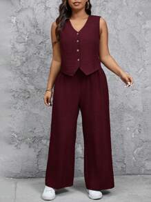 SHEIN Tall CURVE Women Plus Size Solid Color Single-Breasted Vest And Pants Casual Two Pieces Set - Burgundy - View 6