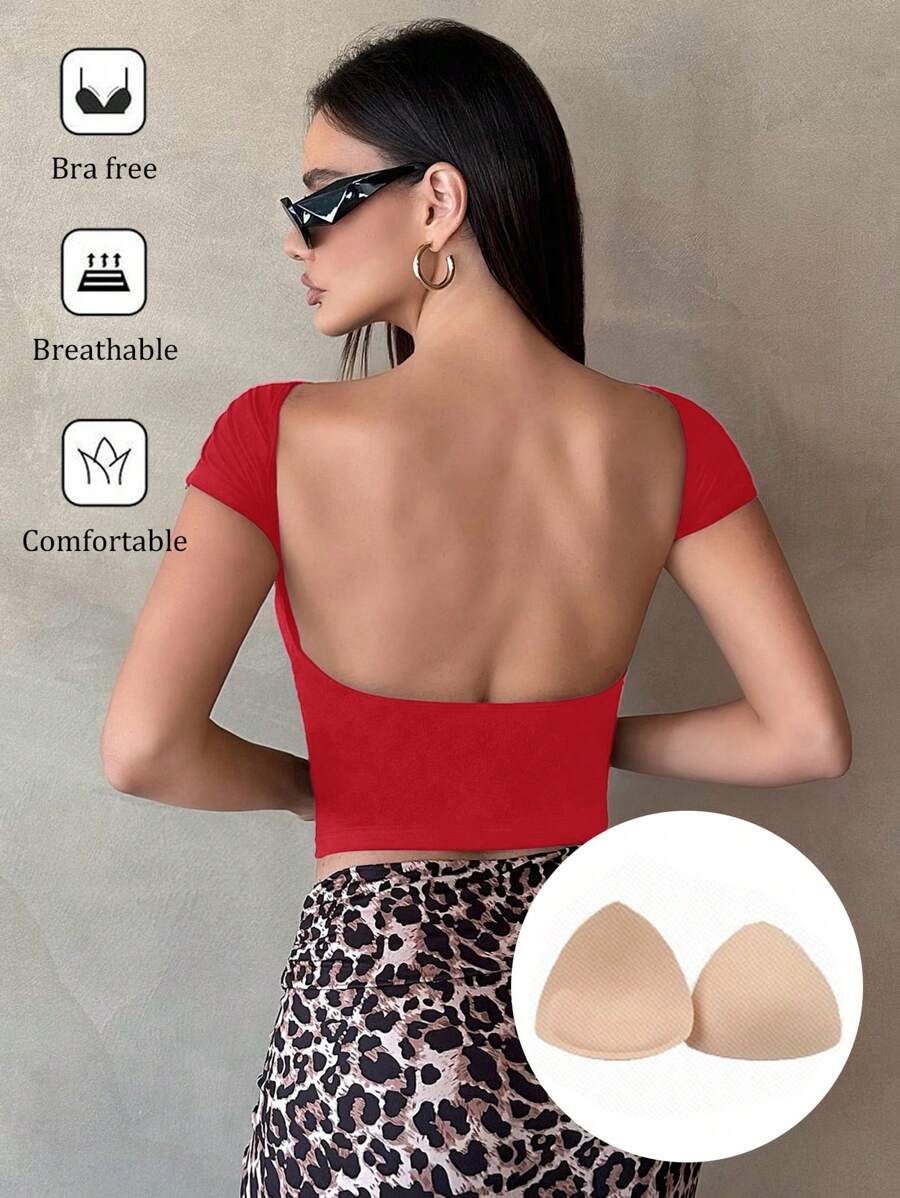 SHEIN Tall Áo thun đen thoáng khí cho nữ có miếng lót ngực không dây - Đỏ - Xem 1