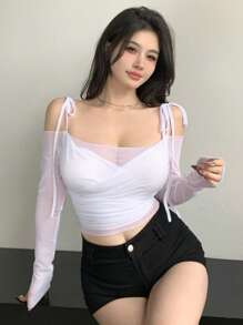 DAZY 宴会及返校季露肩网纱拼接长袖短款上衣，女士夏季薄纱外出上衣 - 白色 - 查看 6
