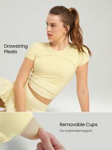 GLOWMODE FeatherFit™ Focus Drawstring Pleated Short Sleeve Tee Light Support Low Impact Yoga Pilates Studio Gym - French Vanilla - View 3